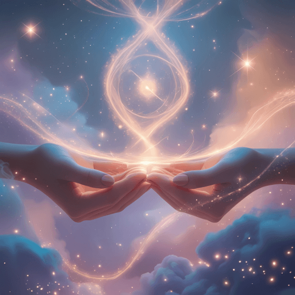 Two hands offering glowing divine energy in the night sky, symbolizing alchemy, transformation, and transmuting shadow into light