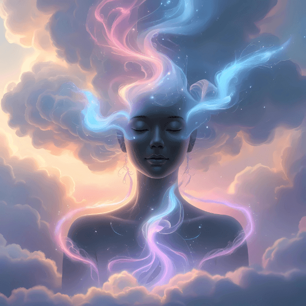 Serene woman with eyes closed, surrounded by glowing clouds and flowing cosmic energy, symbolizing embodiment, inner transformation, and spirit in action