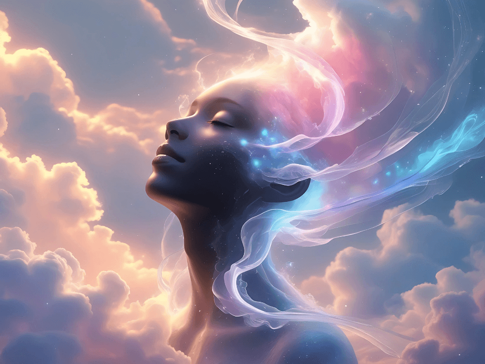 Surreal mystical artwork of a serene woman with eyes closed, surrounded by glowing clouds and ethereal light, symbolizing spirituality, transformation, and inner awakening.