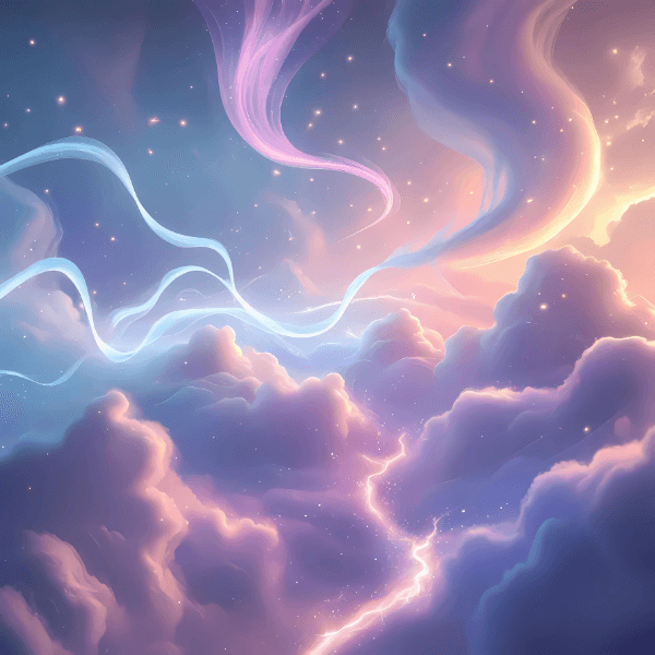 Dreamy spiritual artwork of glowing clouds with flowing ethereal light, symbolizing divine connection, spirit, and soul alignment