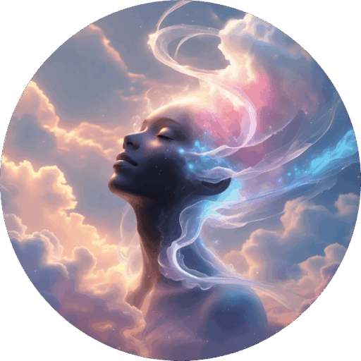 Ethereal woman with closed eyes and glowing hair flowing into the cosmos, surrounded by dreamy clouds and soft light—symbolizing spiritual awakening and inner peace.