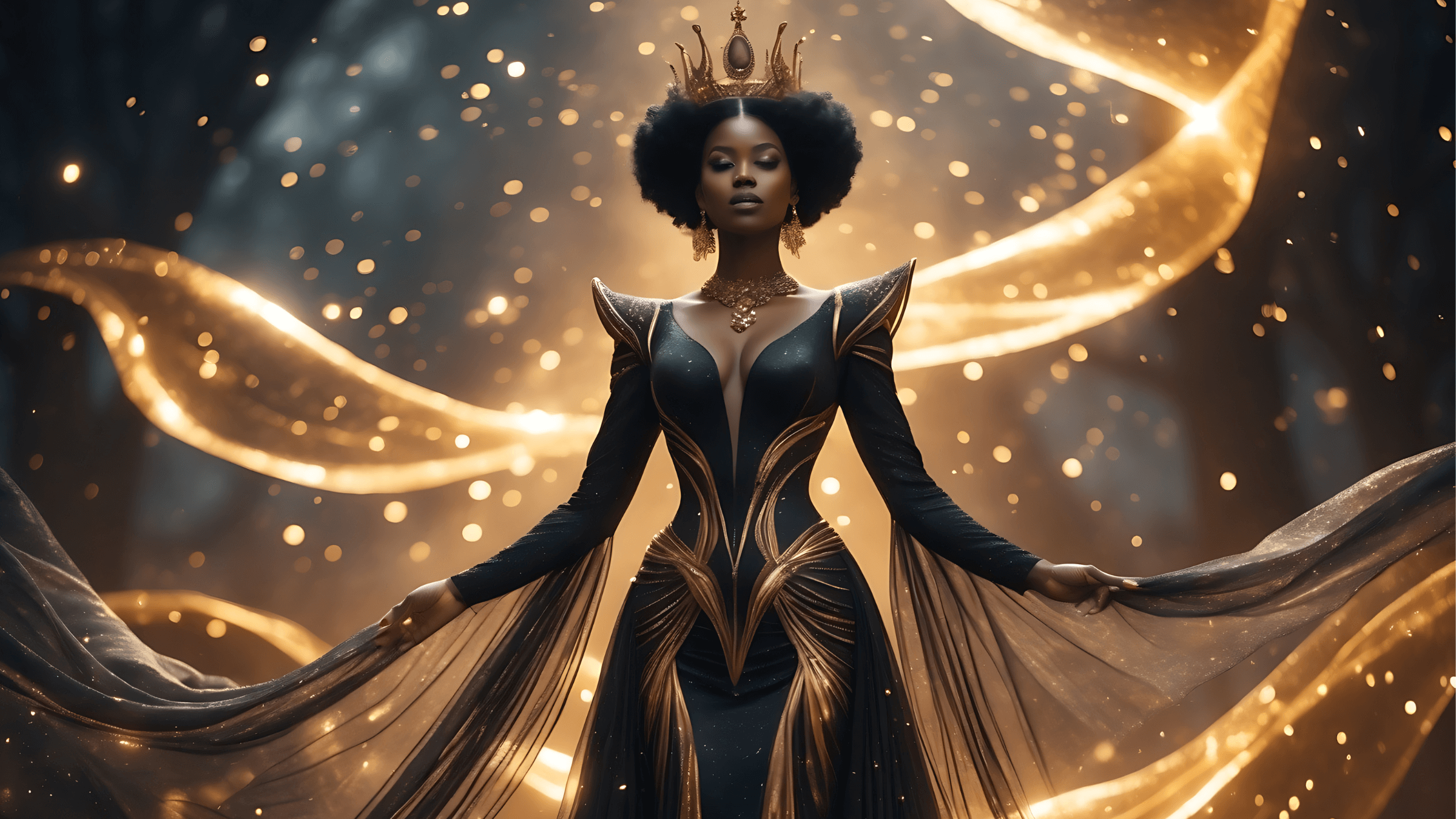 Majestic Black queen in a flowing gown with luminous golden accents, standing in a mystical realm surrounded by swirling light and stardust — symbol of divine feminine power and soft inner strength.