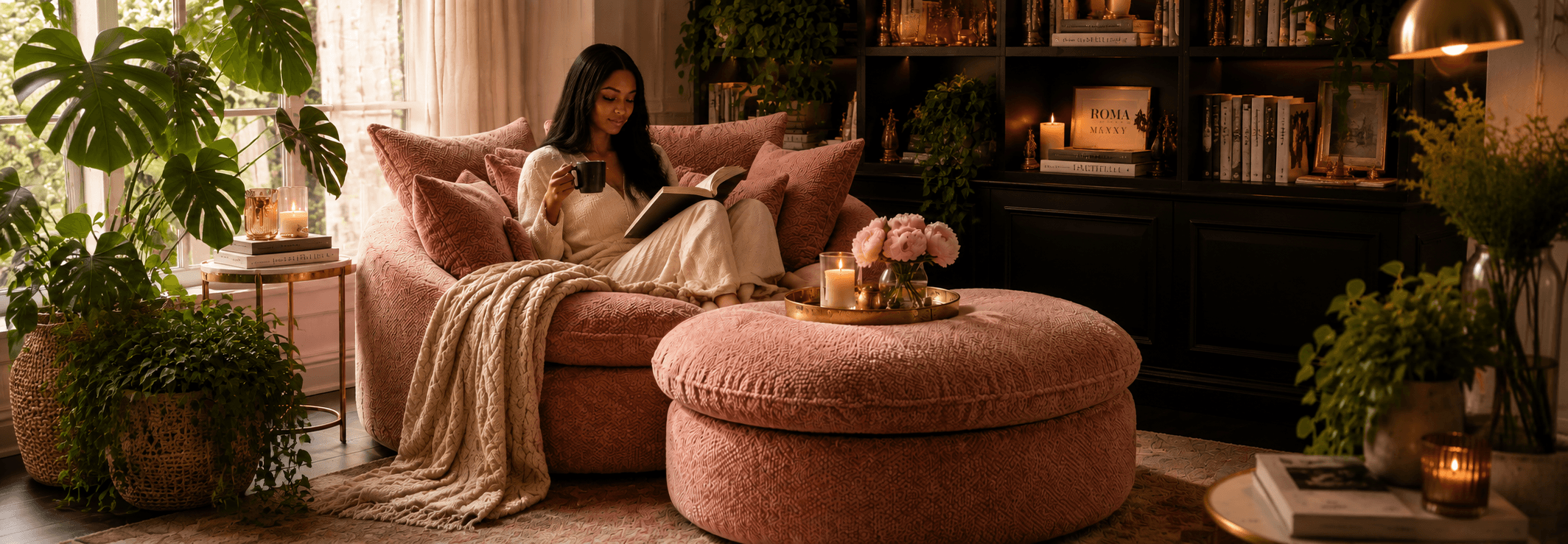 Luxury feminine reading nook featuring a plush blush reading chair, soft luxury décor, home library shelves, lush greenery, warm ambient lighting, and a cozy reading corner.