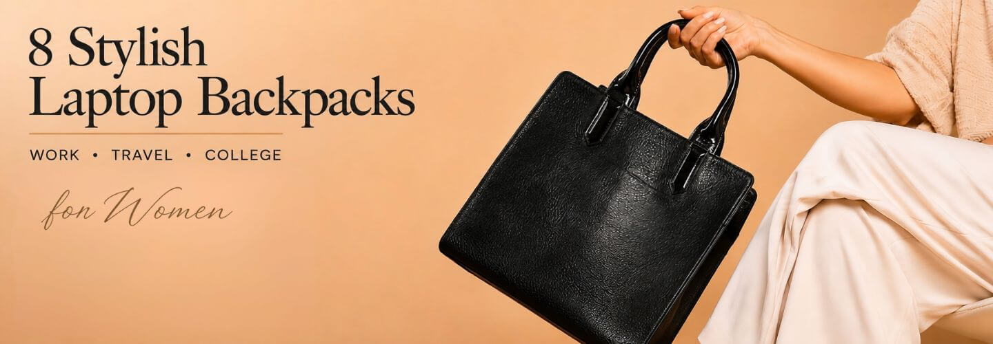 Editorial collage featuring stylish laptop backpacks for women, showcasing elegant work bags for business, travel, college, commuting, and everyday professional style.