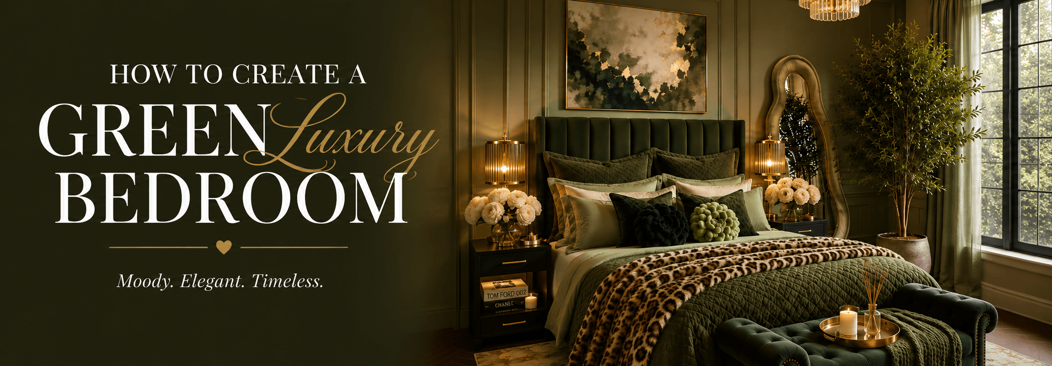 Luxury green bedroom ideas featuring a monochromatic color palette, forest green bedding, sage green curtains, gold accents, modern decor, and cozy elegant interior design